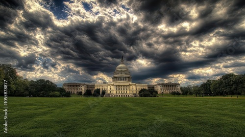 iconic capitol building in washington d.c. captured beneath a dramatic cloudy sky, emphasizing its architectural grandeur and historical significance as a governmental landmark