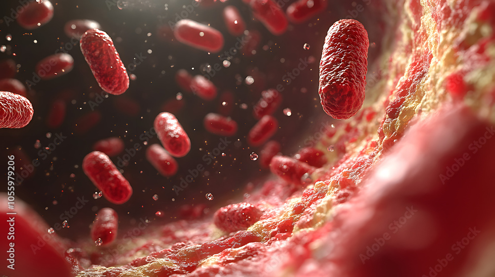 highly detailed 3D depiction of red bacteria-like organisms traveling through a bloodstream, surrounded by vibrant textures and illuminated with soft lighting. highly detailed 3D depiction of red bacteria-like organisms traveling through a bloodstream, surrounded by vibrant textures and illuminated with soft lighting.