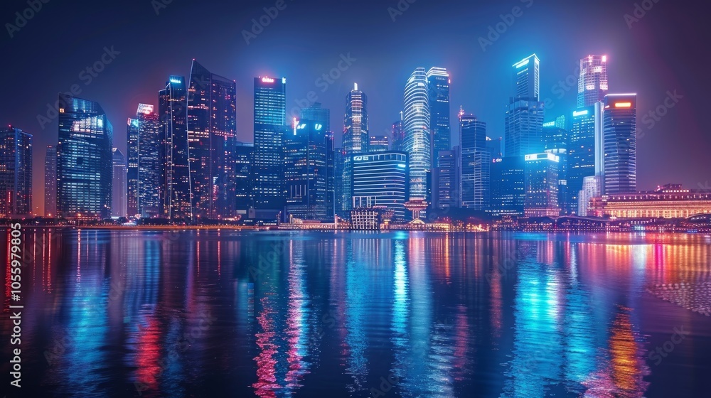 A panoramic view of a city skyline at night, with skyscrapers lit up in vibrant colors, reflecting in the water. A panoramic view of a city skyline at night, with skyscrapers lit up in vibrant colors, reflecting in the water.