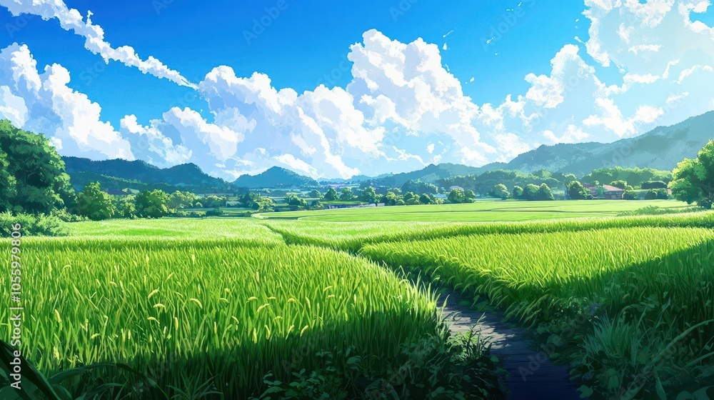 illustration of lush green rice fields stretching under a bright blue sky, depicting the beauty of agriculture and the serenity of rural landscapes illustration of lush green rice fields stretching under a bright blue sky, depicting the beauty of agriculture and the serenity of rural landscapes