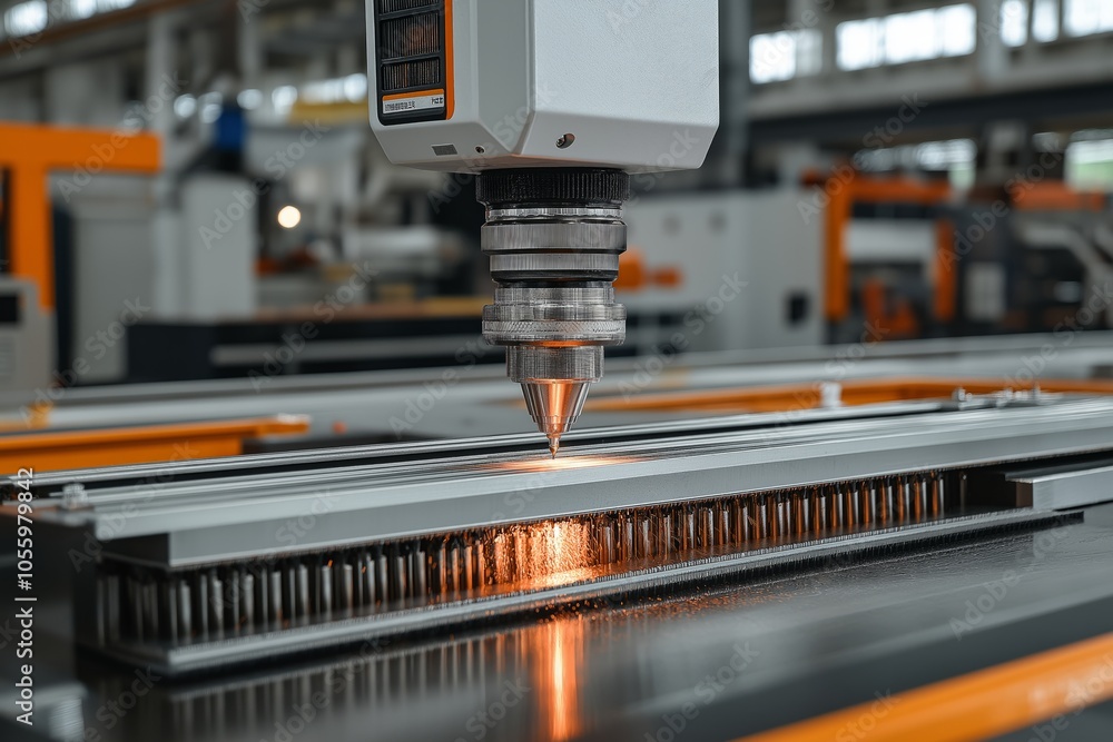 CNC laser machine cutting wood with precision, reflecting a warm glow off the metal components CNC laser machine cutting wood with precision, reflecting a warm glow off the metal components