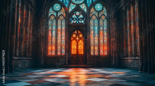 Illuminated interior of a grand gothic cathedral with colorful stained glass windows and ornate architecture.