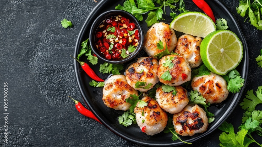 Grilled Meatballs with Spicy Sauce and Lime Wedges Grilled Meatballs with Spicy Sauce and Lime Wedges