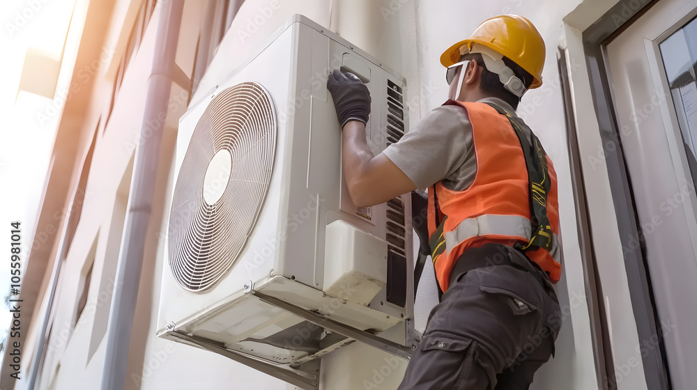 custom made wallpaper toronto digitalprofessional HVAC technician in safety gear installs an outdoor air conditioning unit on a building exterior, symbolizing expertise and energy-efficient solutions in a sunny setting.