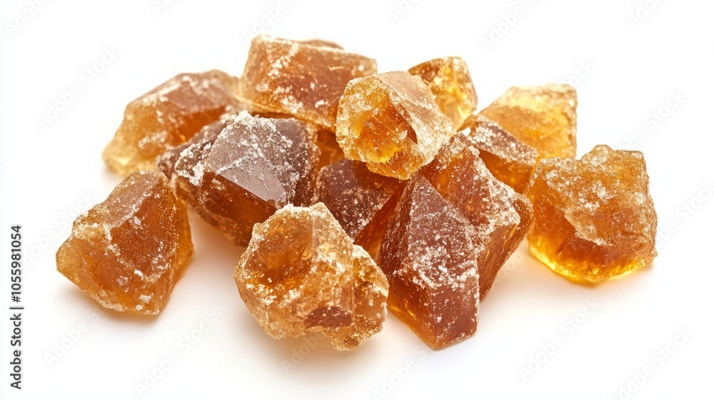 A pile of brown rock candy isolated on a white background. A pile of brown rock candy isolated on a white background.