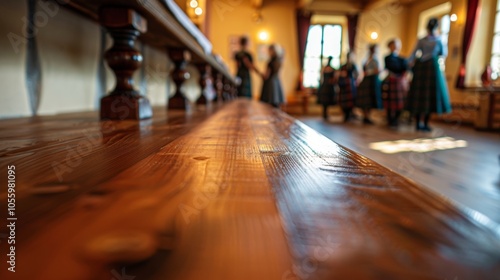 A corner of the room is designated for traditional Irish dancing with a long wooden dance board and lively music playing in the background.