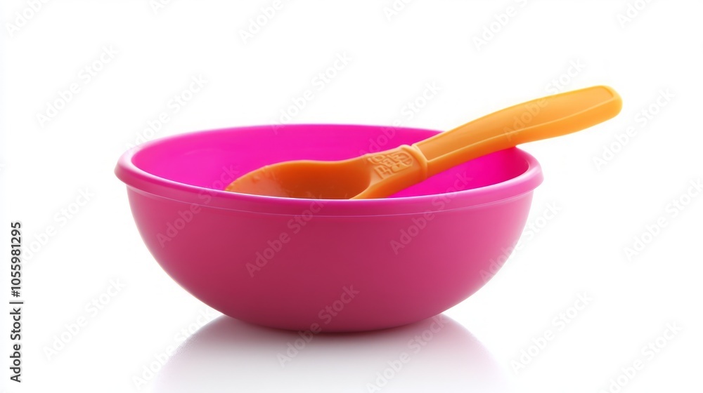A pink bowl with an orange spoon isolated on a white background.