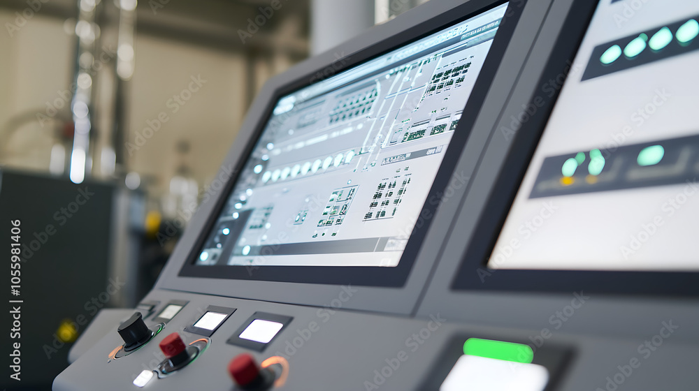 Fototapeta premium modern industrial control panel featuring multiple digital screens and control knobs in a high-tech manufacturing environment, showcasing automation and operational precision.