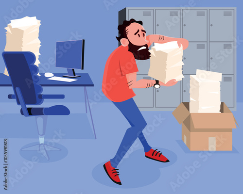 bureaucratic and tiring work. Office desk and box with stacks of papers, and tired man carrying many bureaucratic documents. File cabinet