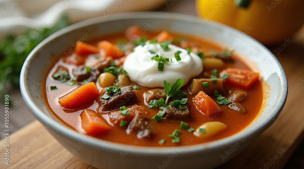 Rich, warm vegetable stew served with a smooth sour cream topping. Rich, warm vegetable stew served with a smooth sour cream topping.