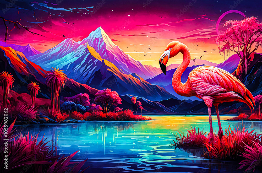 Fototapeta premium Flamingo in a Neon Fantasy Land watercolor vector painting art illustration. 