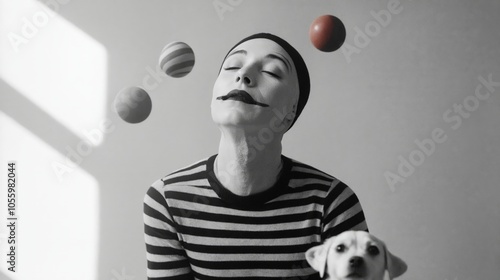 A woman juggling with a dog in front of her. photo