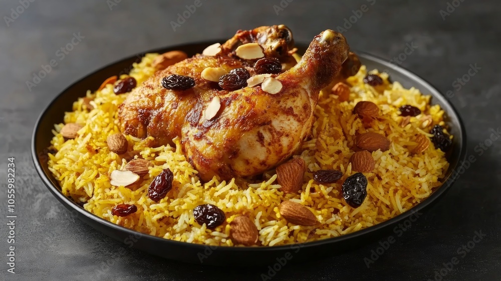 A plate of yellow rice with a roasted chicken leg, almonds, and raisins. A plate of yellow rice with a roasted chicken leg, almonds, and raisins.