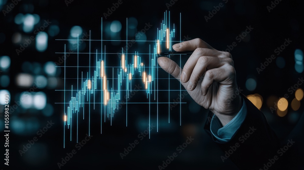 A hand interacting with a digital financial graph, illustrating data analysis and market trends in a nighttime business environment. A hand interacting with a digital financial graph, illustrating data analysis and market trends in a nighttime business environment.