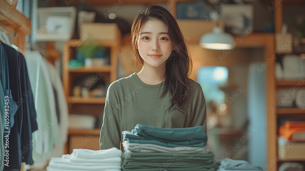 A dynamic scene of an Asian young woman at a table of clean clothes, holding a folded stack with care, symbolizing task completion satisfaction.
A dynamic scene of an Asian young woman at a table of clean clothes, holding a folded stack with care, symbolizing task completion satisfaction.