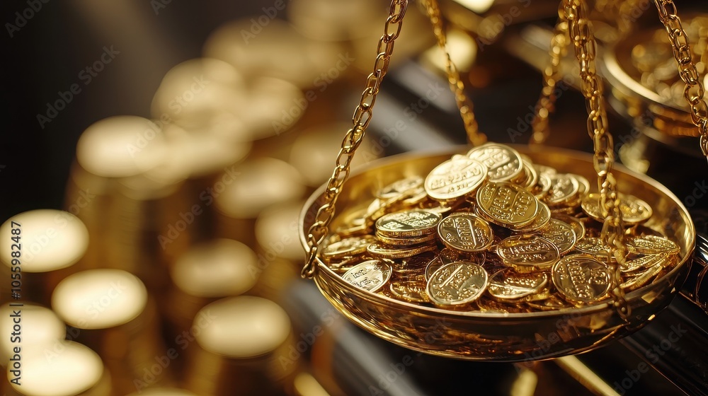 A close-up view of a scale holding shiny gold coins, representing wealth and balance, with blurred gold bars in the background. A close-up view of a scale holding shiny gold coins, representing wealth and balance, with blurred gold bars in the background.