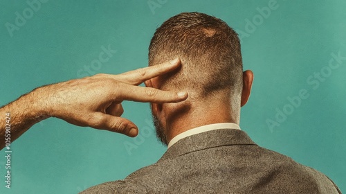 A man in a suit pointing his finger at his head. photo