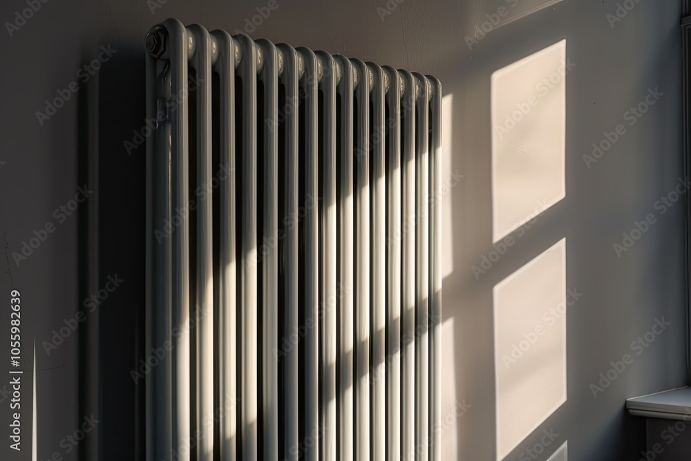 Contemporary white radiator close-up in a sunlit apartment, with soft shadows and modern design Contemporary white radiator close-up in a sunlit apartment, with soft shadows and modern design
