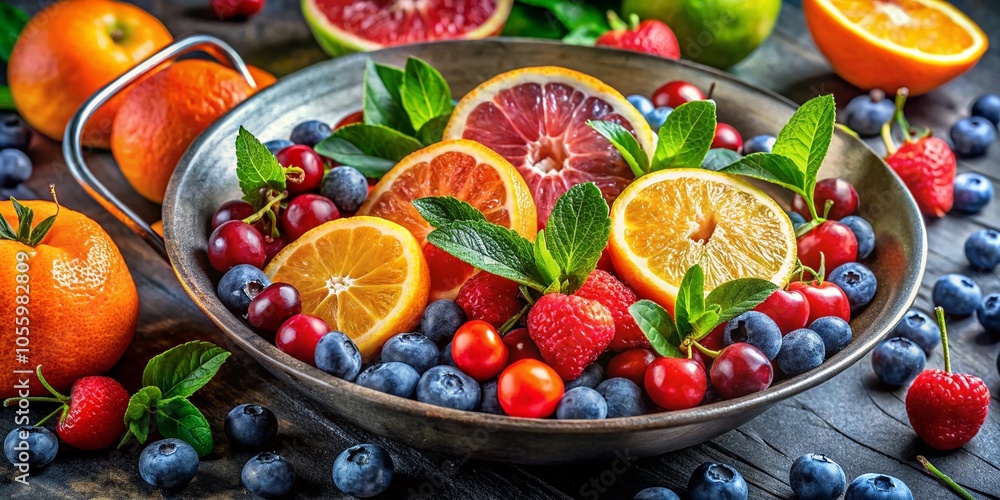 Vibrant Fresh Fruit Arrangement for Healthy Living - Oranges, Grapefruits, Blueberries, Cherries & Green Leaves Vibrant Fresh Fruit Arrangement for Healthy Living - Oranges, Grapefruits, Blueberries, Cherries & Green Leaves