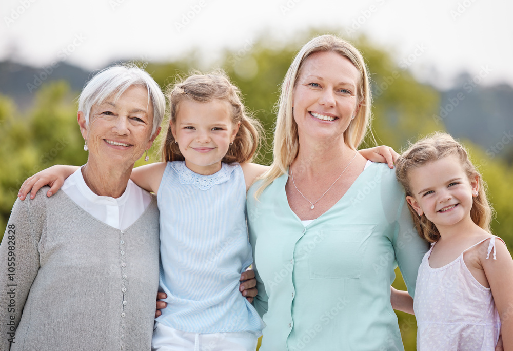 Happy, portrait and generations with women, girls and hug in nature, park and summer for holiday. Smile, love and mom embracing children with care for vacation, adventure or weekend break for family Happy, portrait and generations with women, girls and hug in nature, park and summer for holiday. Smile, love and mom embracing children with care for vacation, adventure or weekend break for family