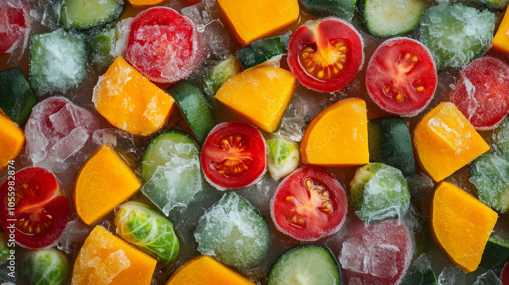 Brightly colored vegetables frozen in sparkling ice create a vibrant, textured arrangement in a refreshing display Brightly colored vegetables frozen in sparkling ice create a vibrant, textured arrangement in a refreshing display