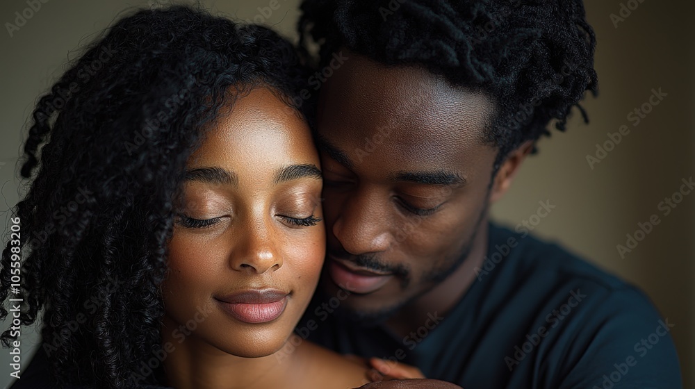 Obraz premium A couple shares a tender moment together in a cozy indoor setting during early evening
