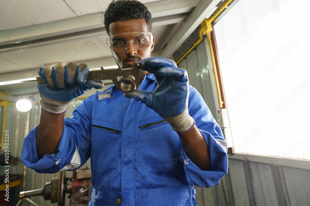 African mechanic worker inspecting on equipment part for repairing on lathe machine at the construction industrial factory or auto repair shop African mechanic worker inspecting on equipment part for repairing on lathe machine at the construction industrial factory or auto repair shop