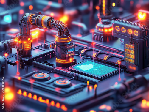 Futuristic Circuit Board with Glowing Neon Elements