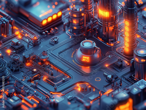 Futuristic Circuit Board with Glowing Neon Elements