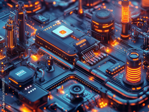 Futuristic Circuit Board with Glowing Neon Elements