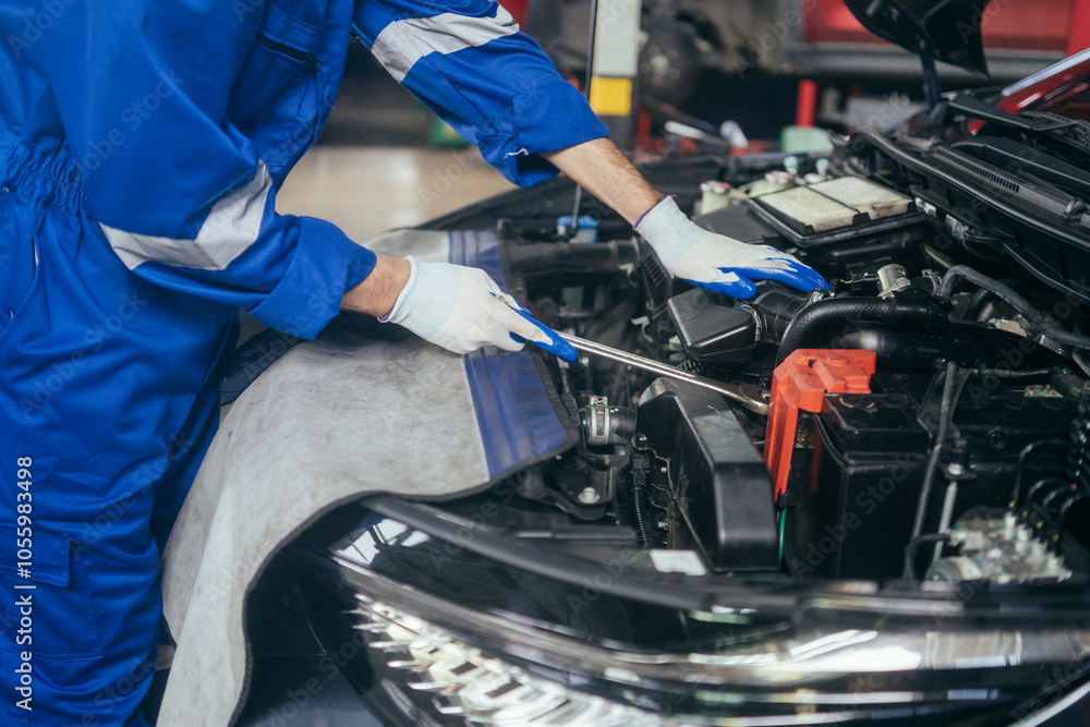 Mechanic man checking car damage broken part condition, diagnostic and repairing vehicle at garage automotive, motor technician maintenance after service concept Mechanic man checking car damage broken part condition, diagnostic and repairing vehicle at garage automotive, motor technician maintenance after service concept