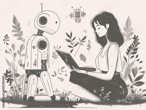 Young Woman Interacting with Robot in Tranquil Nature Setting