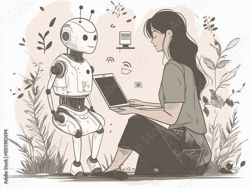 Young Woman Interacting with Robot in Tranquil Nature Setting