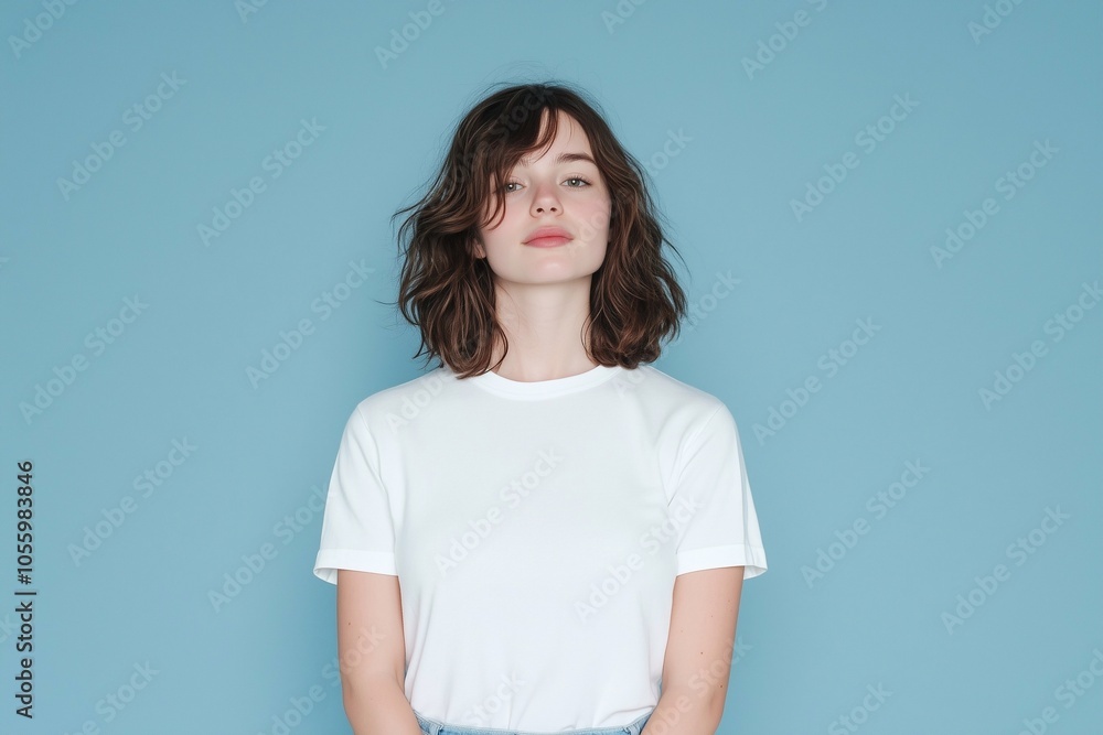 Young woman isolated on simple studio background. Confident beautiful female model wearing white t-shirt candid pose. Young woman isolated on simple studio background. Confident beautiful female model wearing white t-shirt candid pose.