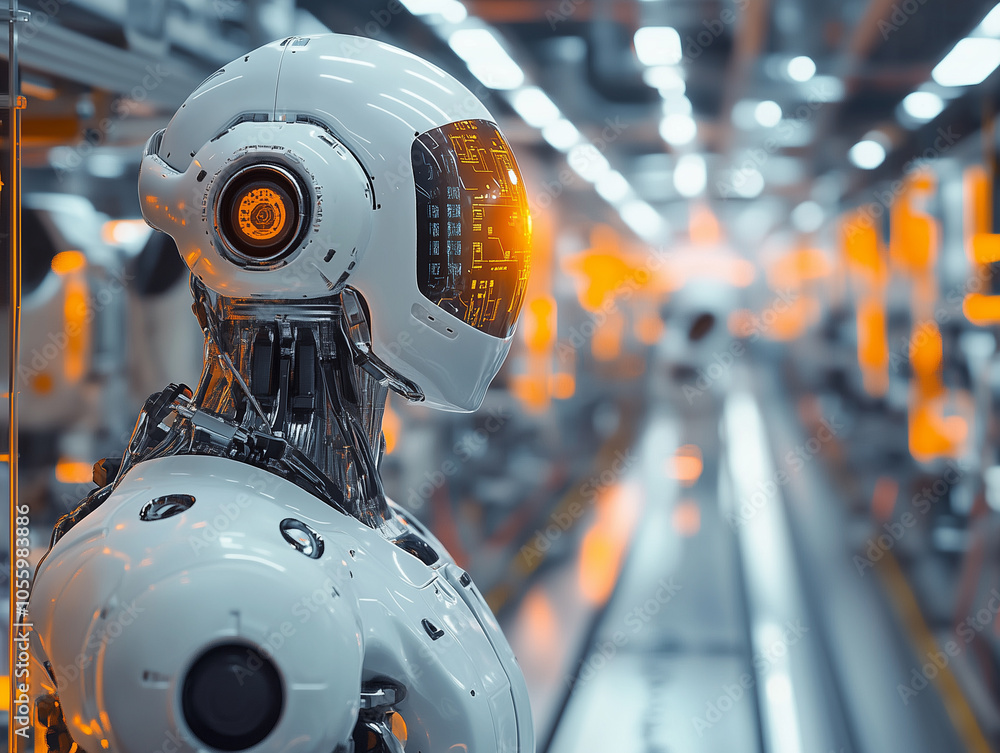 Fototapeta premium Futuristic Robot in High-Tech Manufacturing Facility