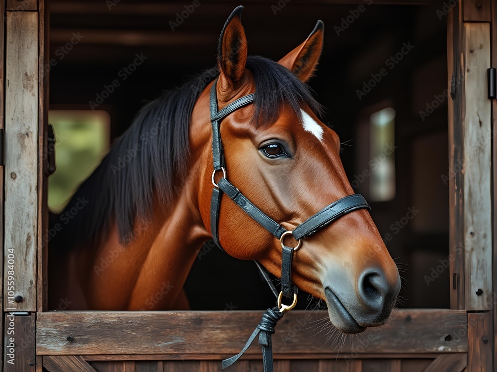 Fototapeta premium A brown horse with its head looking out of the stable
