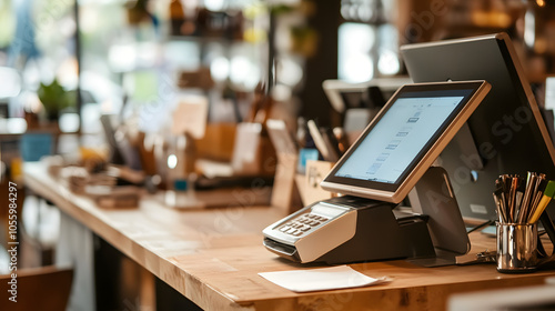 Close-up of a modern point-of-sale system with a touchscreen and card reader, set on a wooden counter in a cozy and stylish cafe environment.