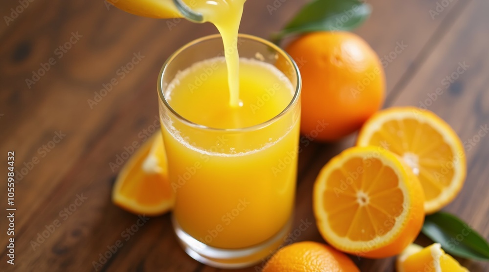 Fresh orange juice being poured into a glass, surrounded by sliced oranges on a rustic wooden table. Fresh orange juice being poured into a glass, surrounded by sliced oranges on a rustic wooden table.