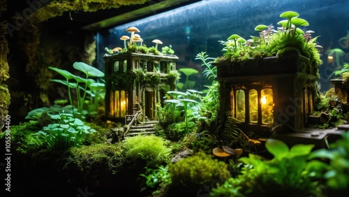 A magical forest terrarium with a miniature structure under a glass dome, accented by soft lighting, mushrooms, and vibrant greenery.