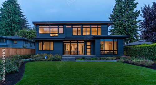 Modern house with large windows, surrounded by a manicured lawn and trees, showcasing contemporary architectural design.