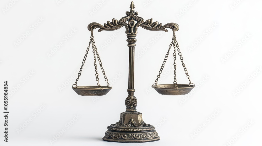 judicial scales set against a pristine white background, symbolizing balance and justice, with intricate details highlighting the craftsmanship of the scales judicial scales set against a pristine white background, symbolizing balance and justice, with intricate details highlighting the craftsmanship of the scales