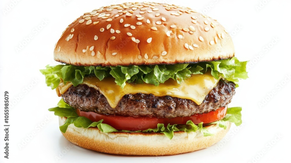juicy hamburger with fresh lettuce, tomato, and melted cheese, perfectly arranged on a pristine white background, highlighting its delicious layers and textures juicy hamburger with fresh lettuce, tomato, and melted cheese, perfectly arranged on a pristine white background, highlighting its delicious layers and textures