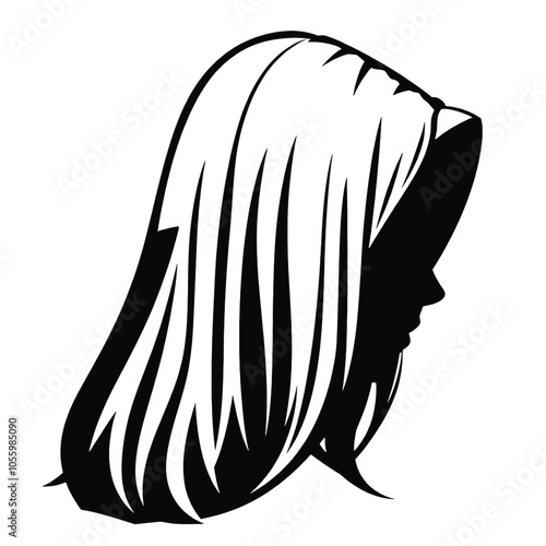 a black and white silhouette of a woman's head. The woman has long, straight hair that is styled in a way that falls over her shoulders