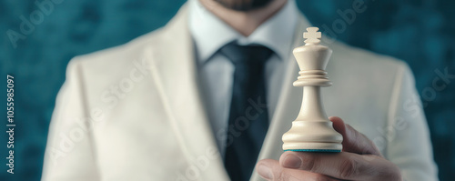 Close up of man holding chess piece, symbolizing strategy and focus