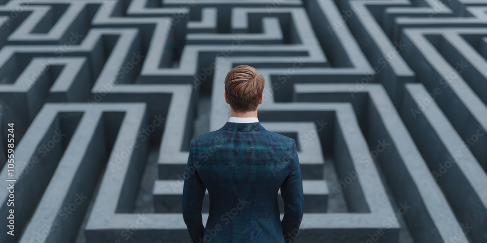Businessman contemplating complex maze, symbolizing challenges ahead Businessman contemplating complex maze, symbolizing challenges ahead