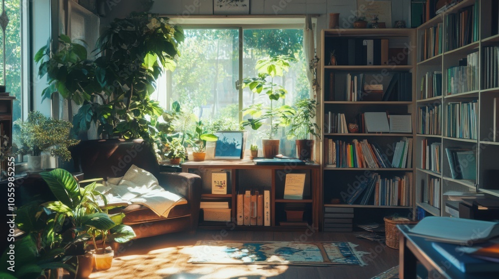 Fototapeta premium An ideal learning environment, filled with natural light, plants, and study materials.