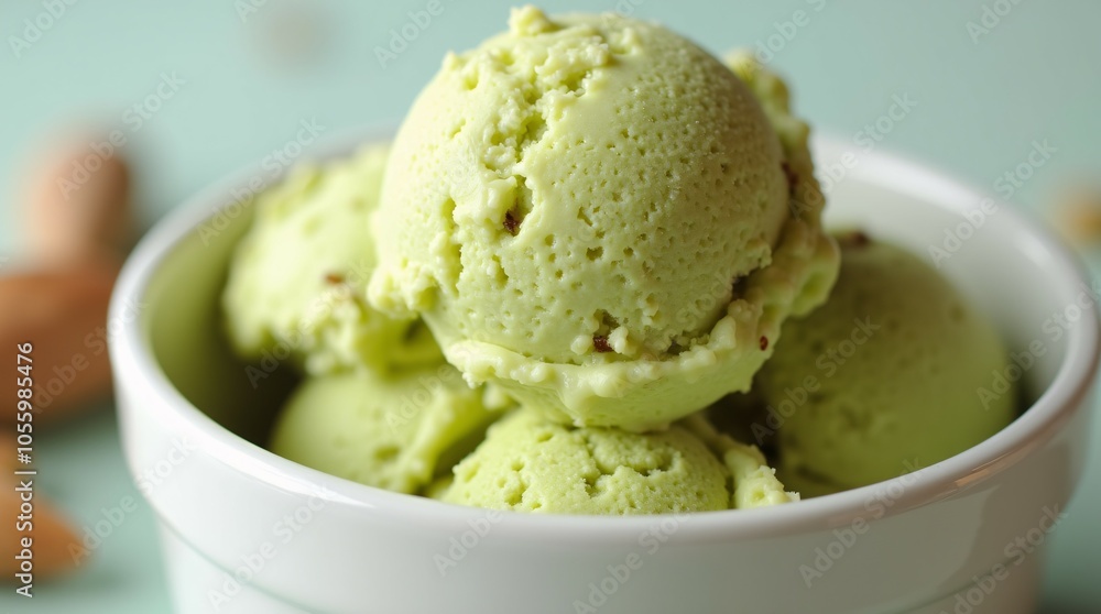 Delicious pistachio ice cream in a clean white bowl, inviting you to enjoy its rich flavor.