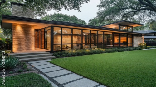 Sleek modern house exterior with floor-to-ceiling glass, clean lines, and minimalist landscaping. Subtle lighting highlights architectural form.