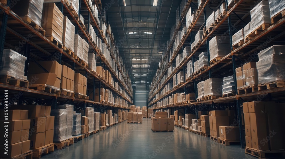 large warehouse filled with neatly stacked packages and cartons, showcasing an organized space bustling with logistics and the essence of storage and distribution large warehouse filled with neatly stacked packages and cartons, showcasing an organized space bustling with logistics and the essence of storage and distribution