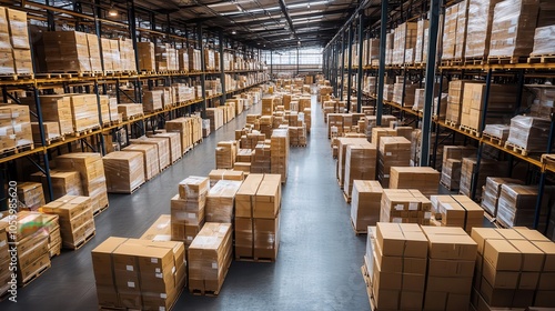 large warehouse filled with neatly stacked packages and cartons, showcasing an organized space bustling with logistics and the essence of storage and distribution